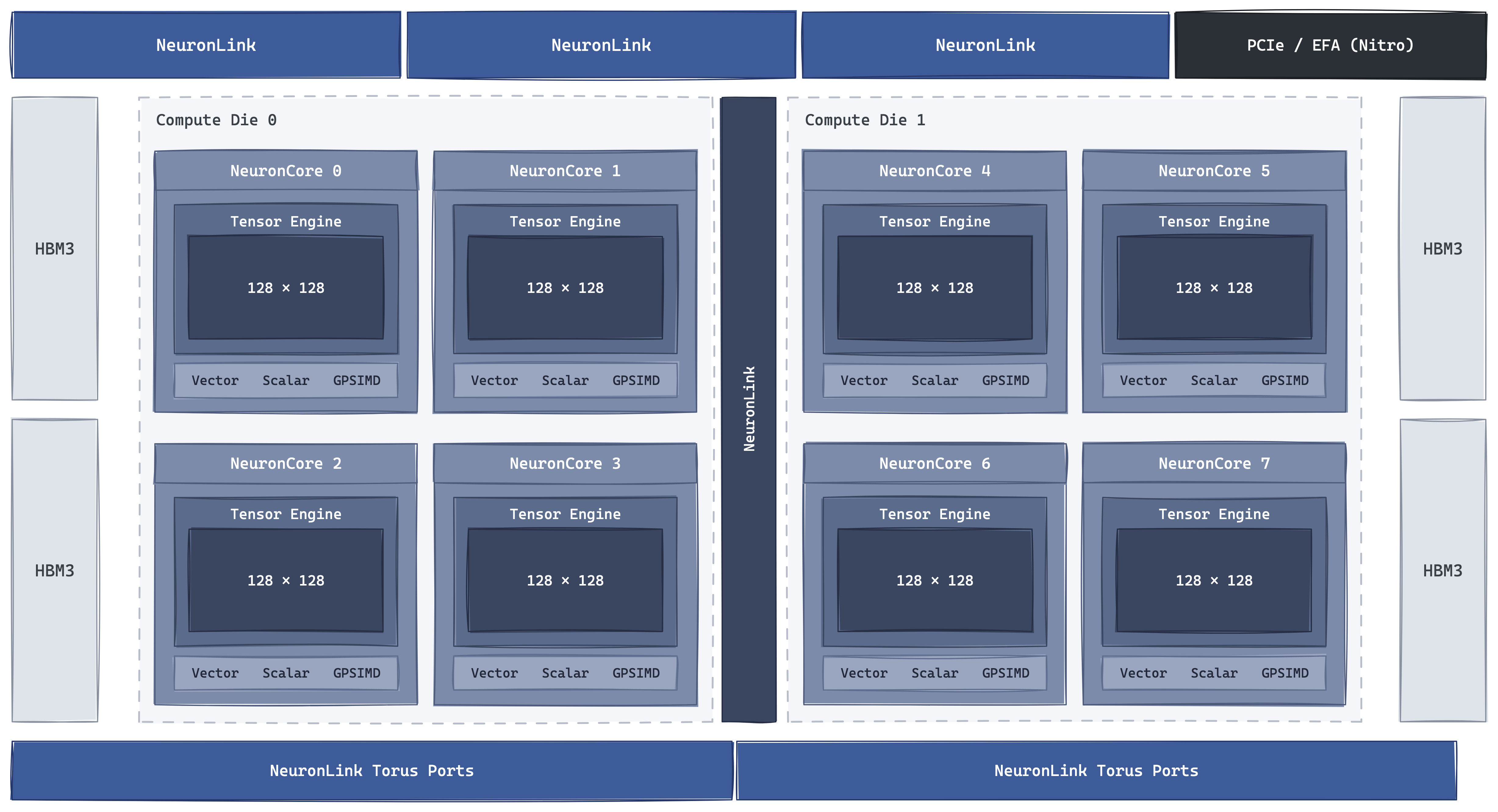 AWS Trainium2 封装平面图——两颗计算 die 并排坐在 CoWoS 中介层上，每 die 四个 NeuronCore-v3（每芯片八个）；每颗 die 两侧由外缘内存控制器接两组 HBM3 堆栈。中央一块 NeuronLink 承载封装内 die-to-die 链路和芯片间 torus 端口；顶部一条小型 PCIe / Nitro EFA 带是通向主机和 scale-out 网络的路径。